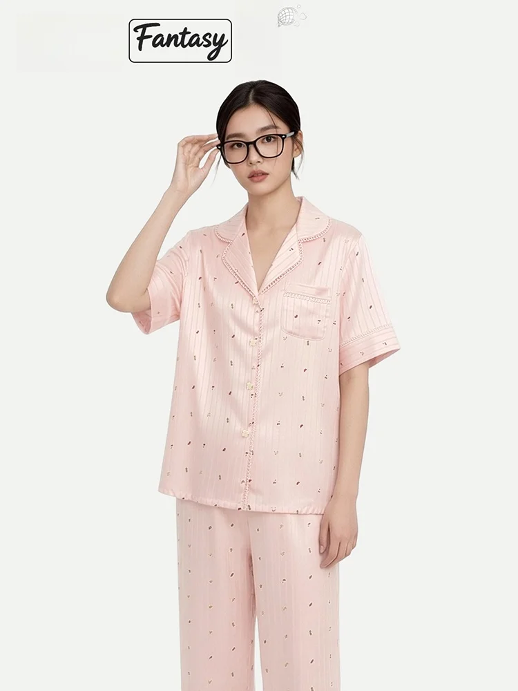 PinkBread Summer Women's Sleepwear Ice Silk Short Sleeve Home Clothes Fruit Stripe Casual Loose Fit Home Fashion Mom's Day Gift