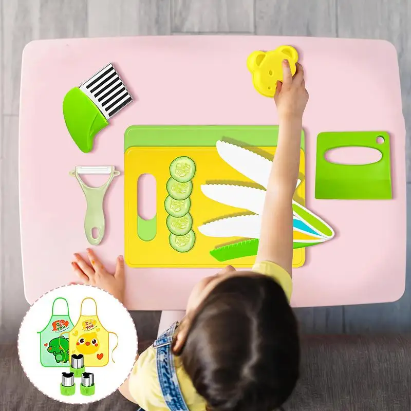 15pcs Kitchen Cooking Set with Cutting Board Cutter Montessori toy Real Cooking Experience Tools for Kids Proof 3-12 Years Old