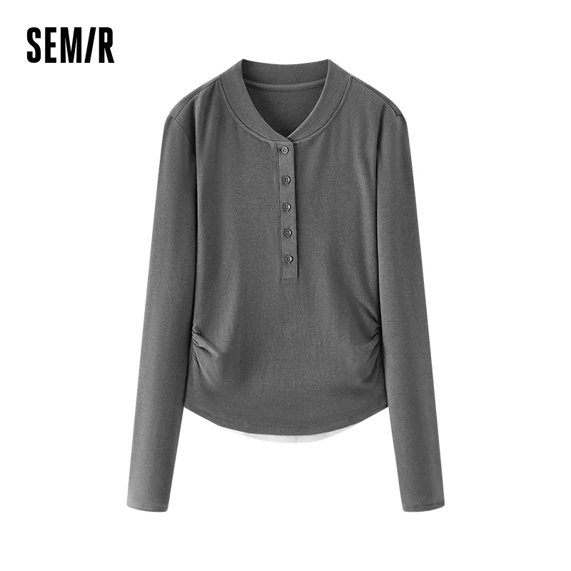 Semir Long Sleeve T-Shirt Women Cropped Thermal Fleece Layered Look Henley Neck Slim Fit Top 2025 Winter Basewear