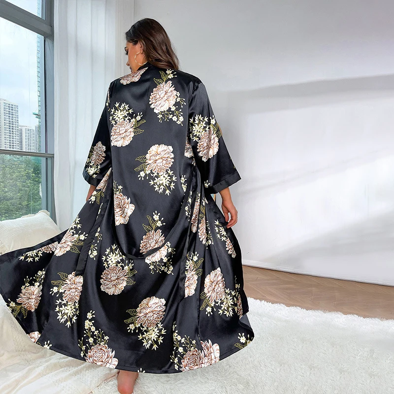 Plus Size Women's Pajamas Sexy Ice Silk Printed Robe Casual Loose Loungewear Large Bathrobe Fashion Victoria Style Nightgown