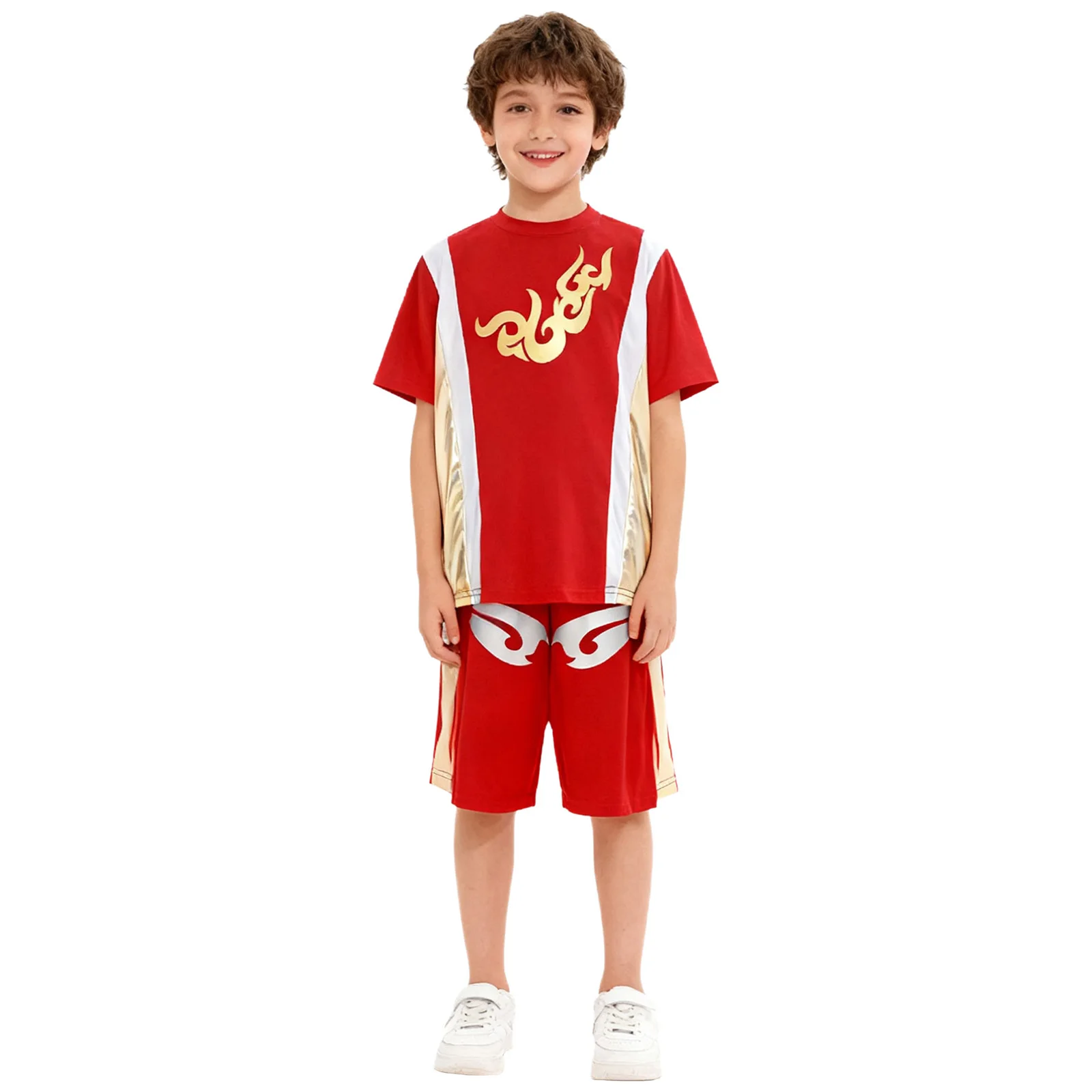 

Kids Boys Girls Boxing Training Competition Costume Metallic Color Block Sports Tops T-shirt with Elastic Waistband Shorts Sets