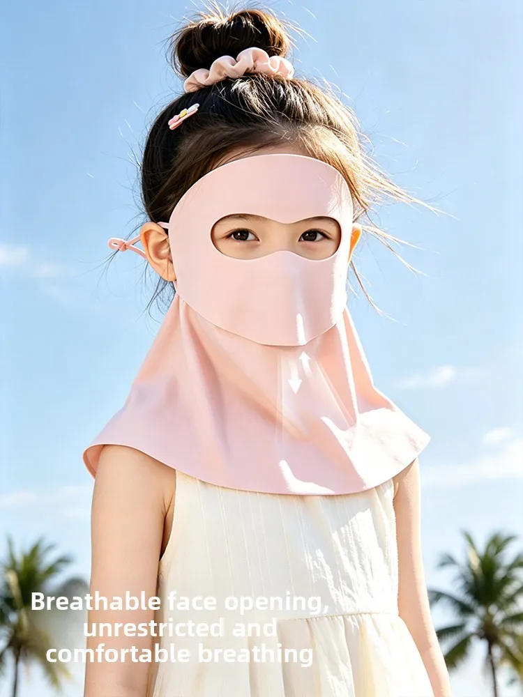 Kids Outdoor Sun Protection Face Mask Integrated Full Face Neck Cover Ice Silk Female Summer Anti UV Mask Comfortable Breathable