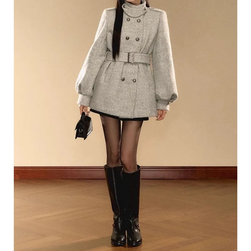 معطف صوفي كوري عالي الجودة بأكمام واسعة من الذهب للنساء لشتاء 2025 معطف صوفي مزدوج الصدر بمزاج جديد #4