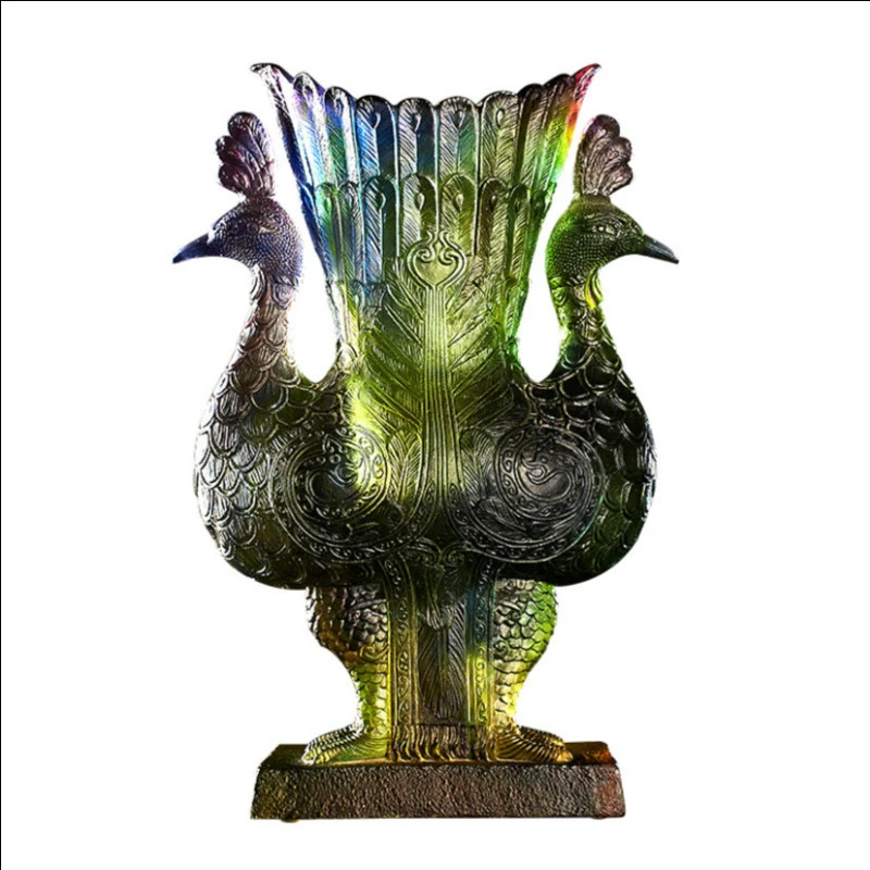 Unique Creative Crystal Peacock Flower Vase Delicate Beauty Artwork Luxury Home Table Decorate Colored Glaze Craft Collection