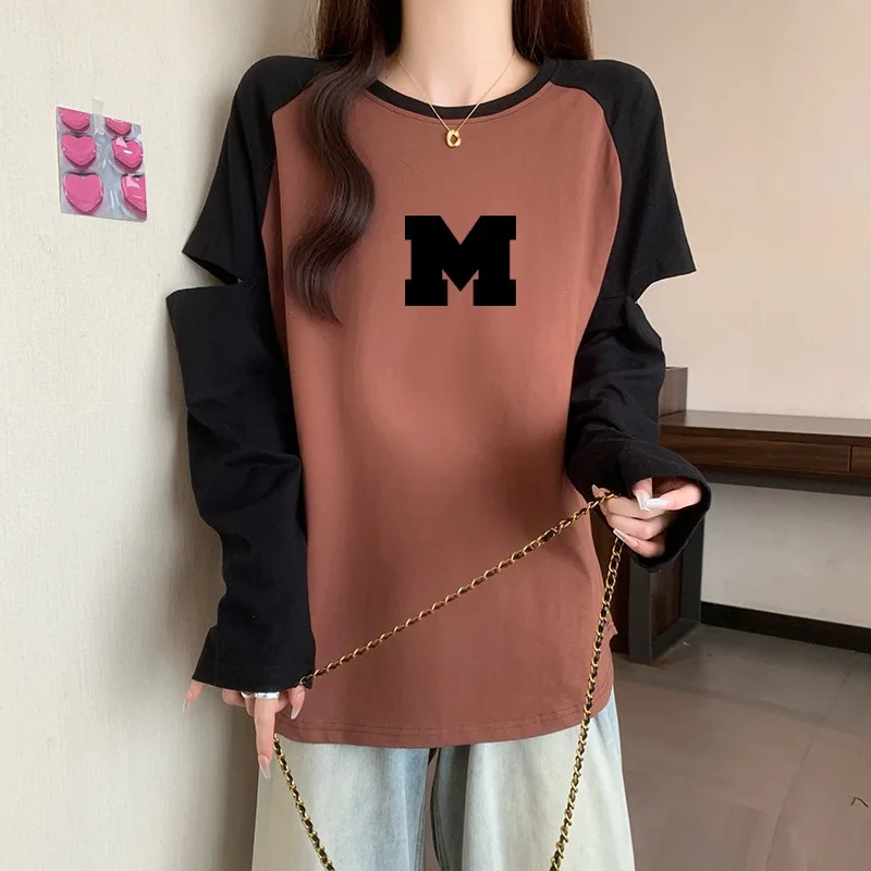 2024 Autumn New American Retro Letter Printing Long Sleeve Ulzzang T-shirt Women's Inner Wear Round Neck Outfit Chic Top