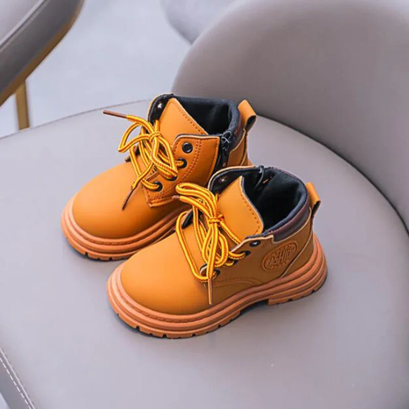 2022 New Autumn Winter Kids Leather Shoes Boys Snow Boots Plush Warm Children Cotton Shoes Girls Ankle Boots