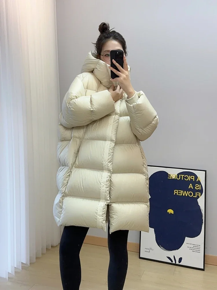 White Duck Down Hooded Jacket for Women, Fluffy Warm Coat, Thick Puffer Jacket, New Fashion, Autumn and Winter, Cocoon, 90