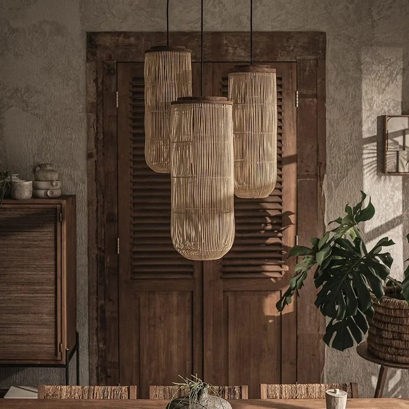 Vintage rattanowa latarnia lampa wisząca ręcznie tkane oświetlenie Wabi-sabi styl japoński wystrój restauracji jadalnia lampy wiszące