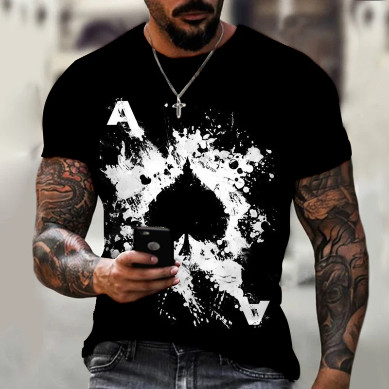 Camiseta de pôquer em preto e branco 3D masculina, gola redonda, blusa de manga curta, streetwear casual, camiseta unissex, verão, nova, 2023