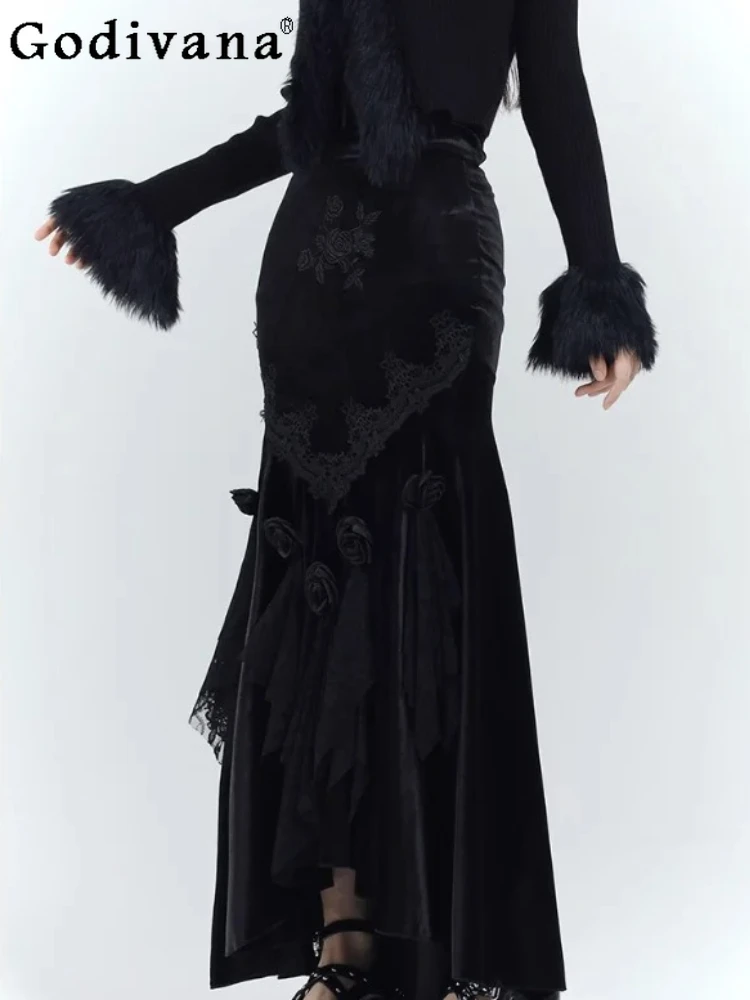 

Autumn Winter Temperament Gothic Black Velvet Fishtail Skirt Personalized Girl Versatile High Waist Retro Irregular Slim Skirts