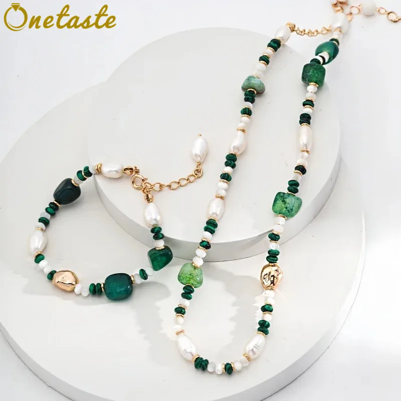 

Malachite Green Agate Pearl 925 Silver Beads Strand Jewelry Sets With Necklace And Bracelet For Women Trendy Luxury Her Gift