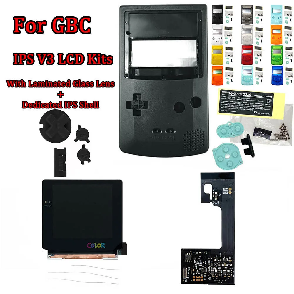 Black Colorful Logo IPS V3 Pre-Laminated LCD Screen Backlight kits with Dedicated Housing Shell for GBC GameBoy Color Console