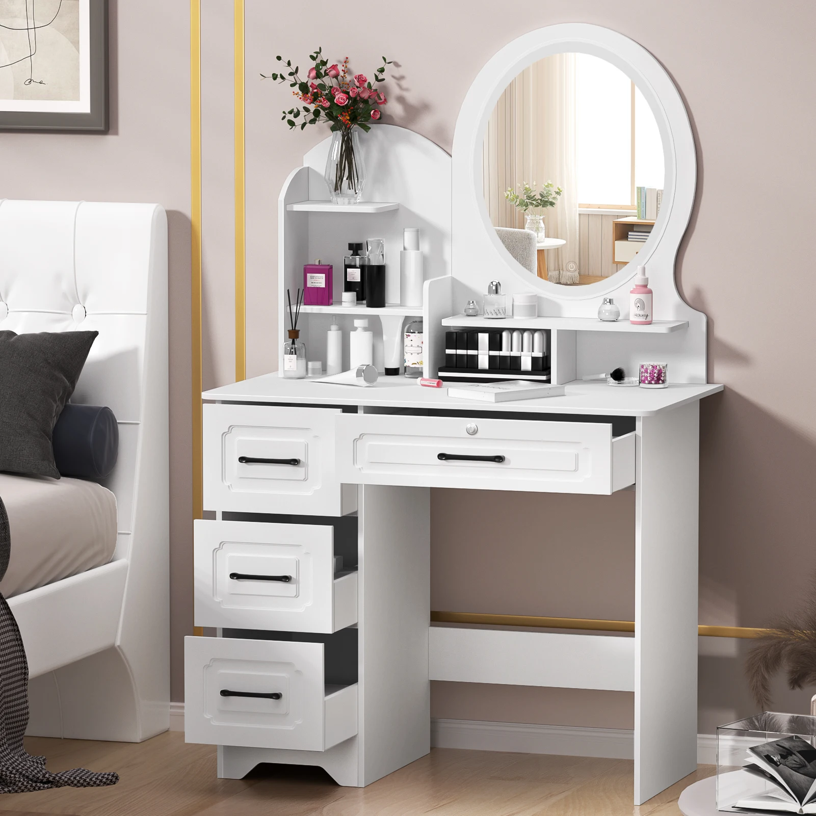 Makeup Desk Large Partition Design 4 Drawers Storage Shelves Vanity Desk With Mirror Ergonomic Handle Dressing Table With Light