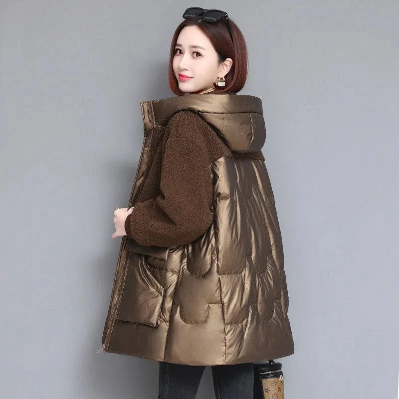 Winter Stitching Faux Lamb Wool Jacket Women\'s 4XL Fashion New Thicken Cotton Hooded Coat Mid-length Warm Female Parkas Outwear