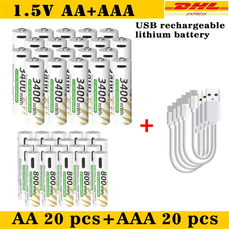 

New Li-ion AAA and️ AA Rechargeable Batteries USB Lithium-ion 3400mWh 1.5V AA Rechargeable Batteries+800mWh 1.5V AAA Batt