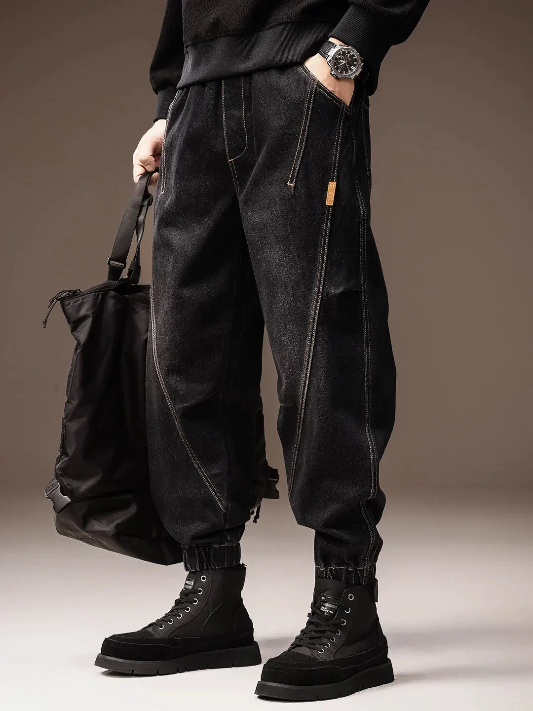 

American Retro Workwear Jeans Men's Loose Cuffed Harem Aged Long Pants Elastic Waist Trendy Bla Casual Trousers