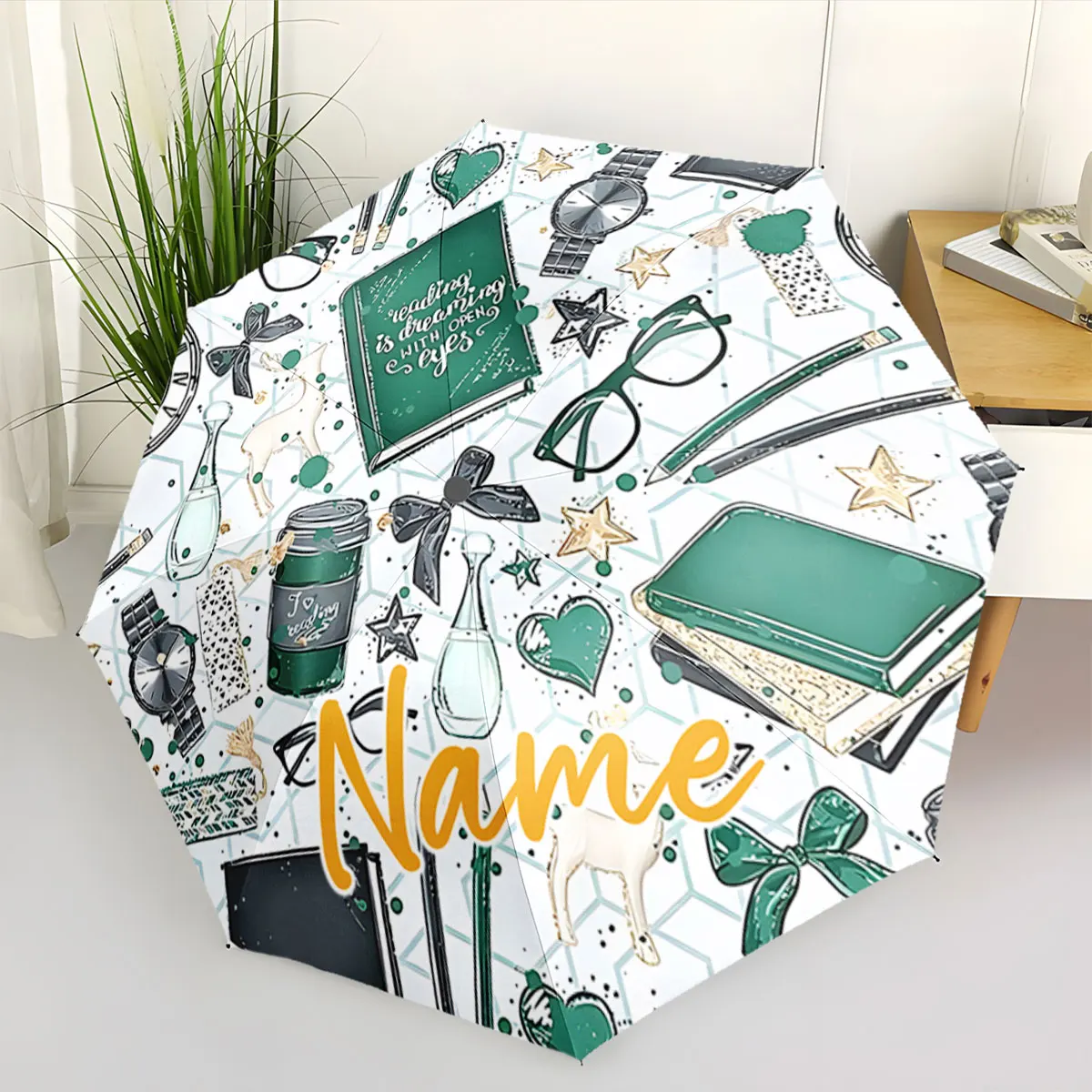 Custom Name Chic umbrella with stylish patterns and books Print 8 Iron Ribs Folding Umbrella, Auto-Open Fashion Sunshade