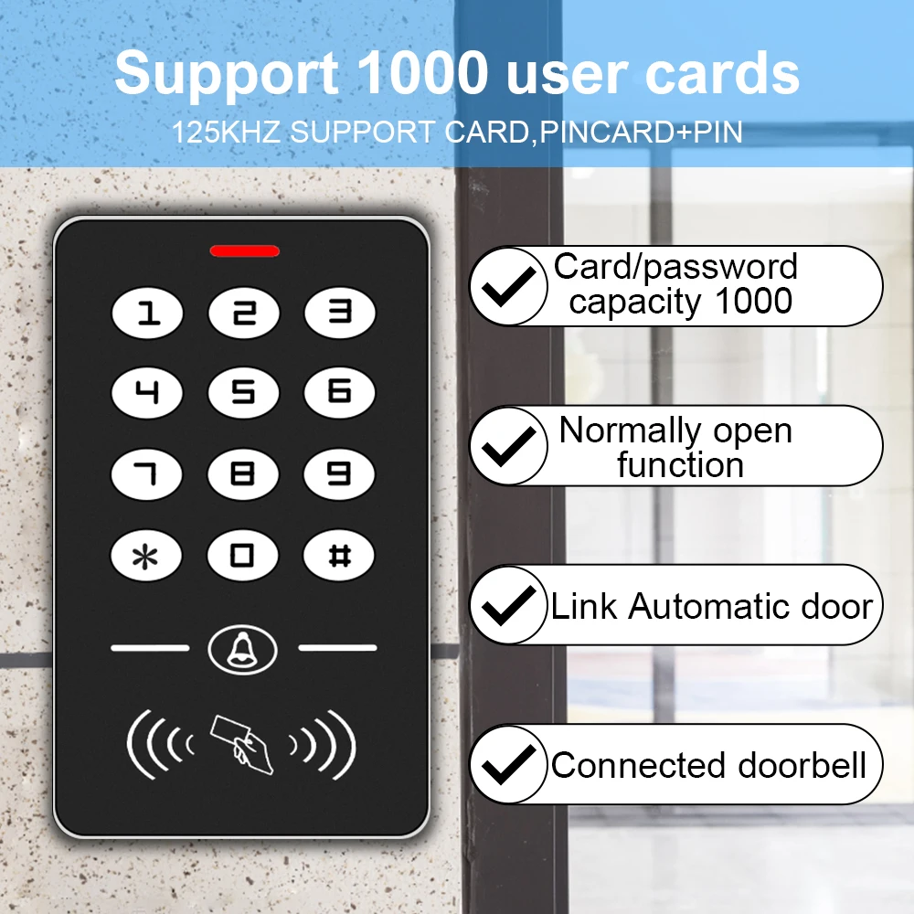 Standalone EM Card Reader, RFID Access Control Teclado, Door Lock Opener, Sistema de teclado, 1000 usuário, 125KHz