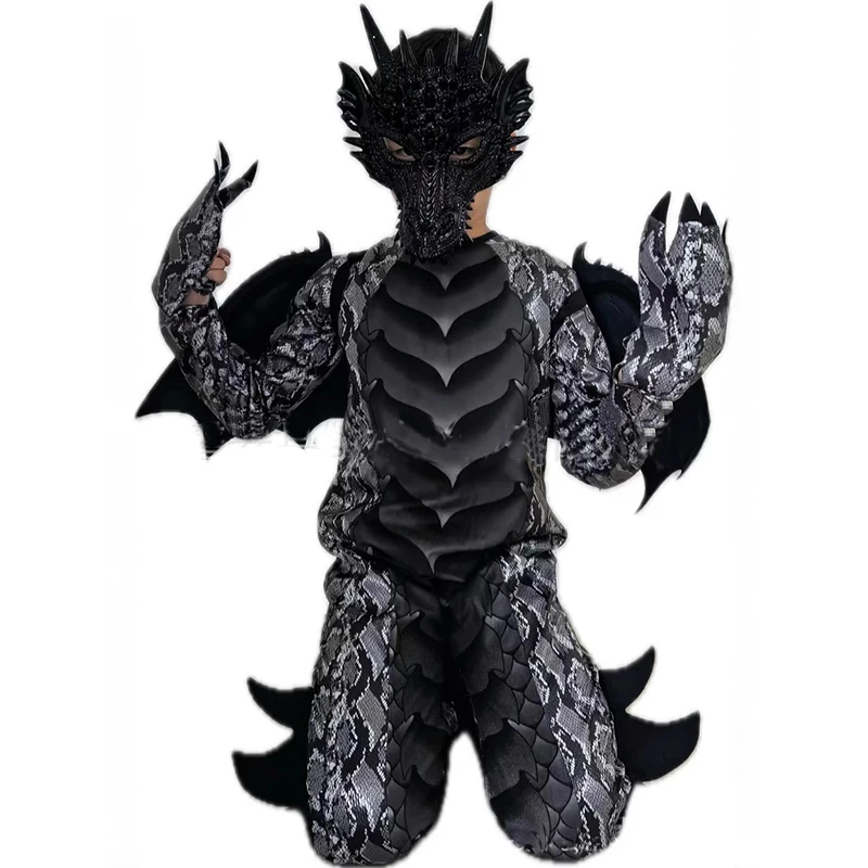 2025 New Arrival Dragon Jumpsuit With WIng And Mask Halloween Outfit Child Boys Black Blue Dragon Costume
