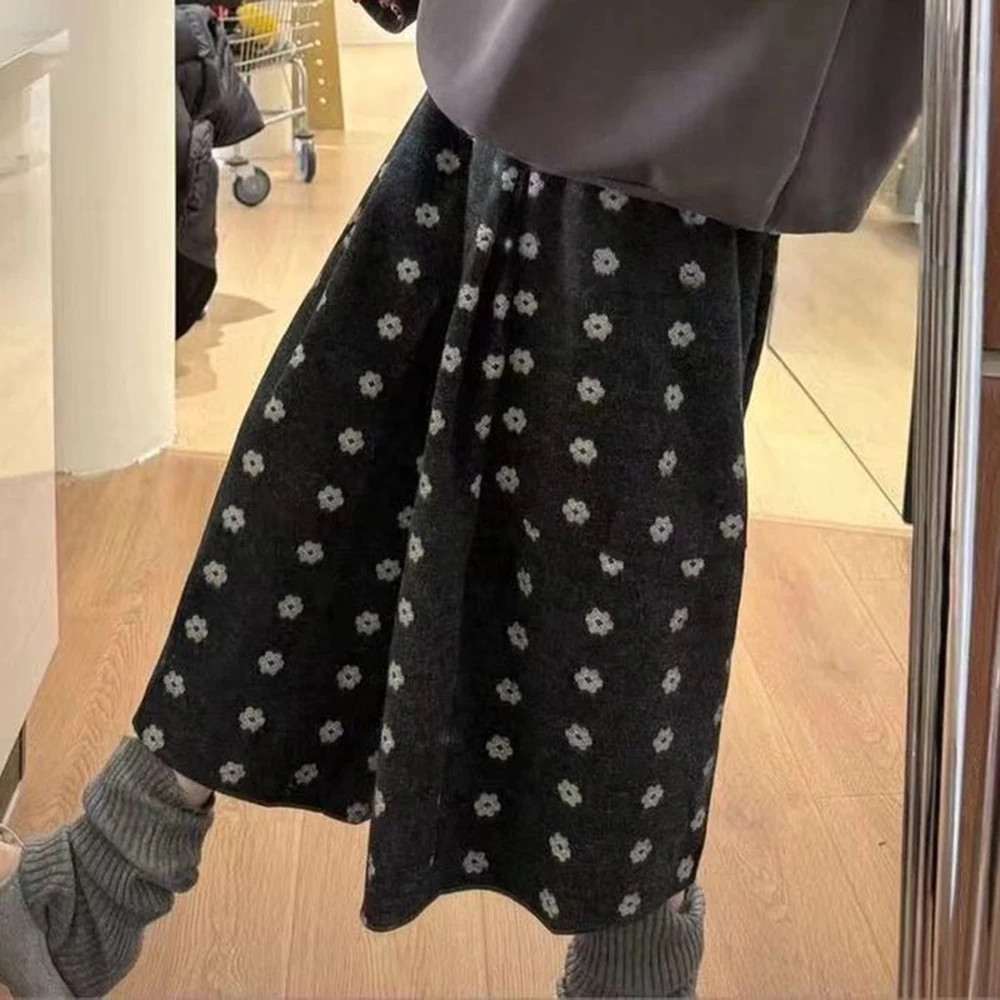 2025 الشتاء الرجعية زهرة الصوف ألف خط بنطلون المرأة فضفاضة سليم تويد بنطال ذو قصة أرجل واسعة اقتصاص السراويل منتصف