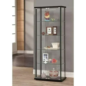 Image Living Room Cabinets, Home Furnishings 64-inch 2-Door 5-Tier Clear Tempered Glass Cabinet Case with Shelving, Display Cabinet