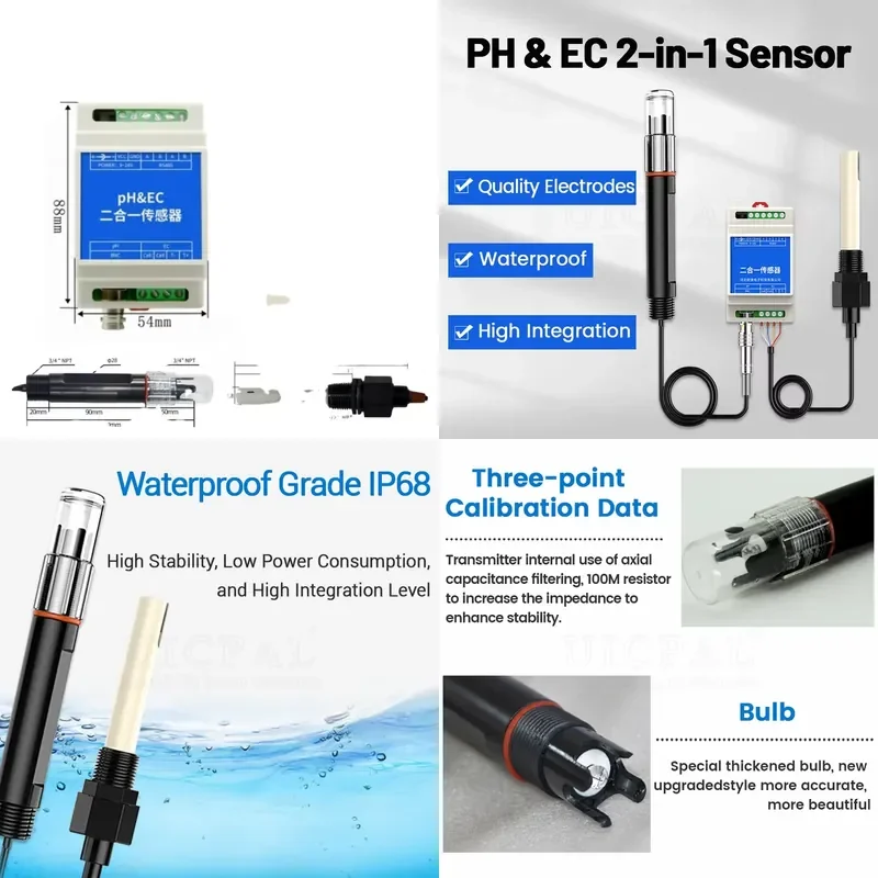 High Precision pH EC Meter Rail Type with Plastic Electrode Probe RS485 Two in One Sensor for Industrial Wastewater and