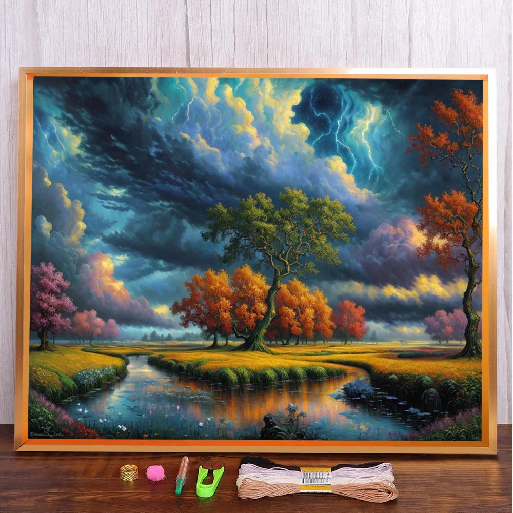 Landscape Thunderstorm Printed Fabric 11CT Cross Stitch Embroidery Kit Handmade Hobby Sewing Painting Sales Promotions Stamped