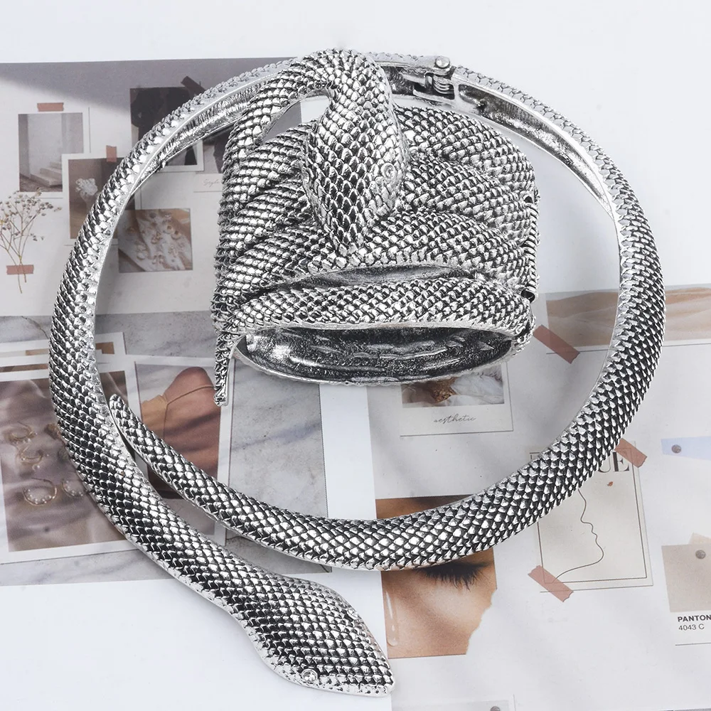 Vintage Punk Statement Metal Open Snake Choker Necklace Bracelets Jewelry Sets Women Indian Boho Ethnic Retro Necklace Bangles