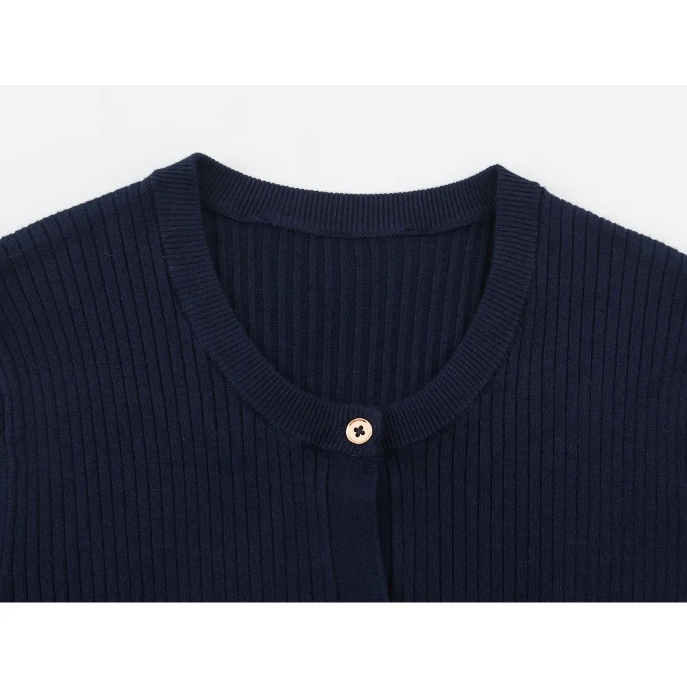 Elegant Rib Knit Belted Cardigan for Women Spring & Autumn Crew Neck Long-sleeve Cardigan Navy Blue Cardigan with Patch Pockets