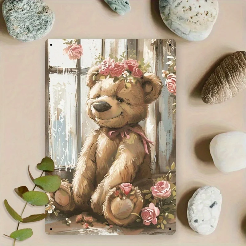 2D Flat 1pc 8x12 Inch Metal Sign Featuring Vintage Floral Teddy Bear Art for Nursery Rustic Home Wall Decor