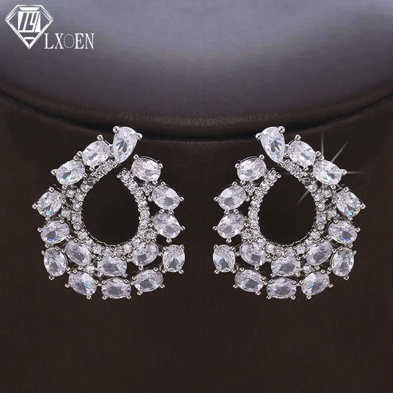 LXOEN Silver Color Luxury Big CZ Earring Exquisite Round Zircon Stud Earring Circle Jewelry Pendant Gift