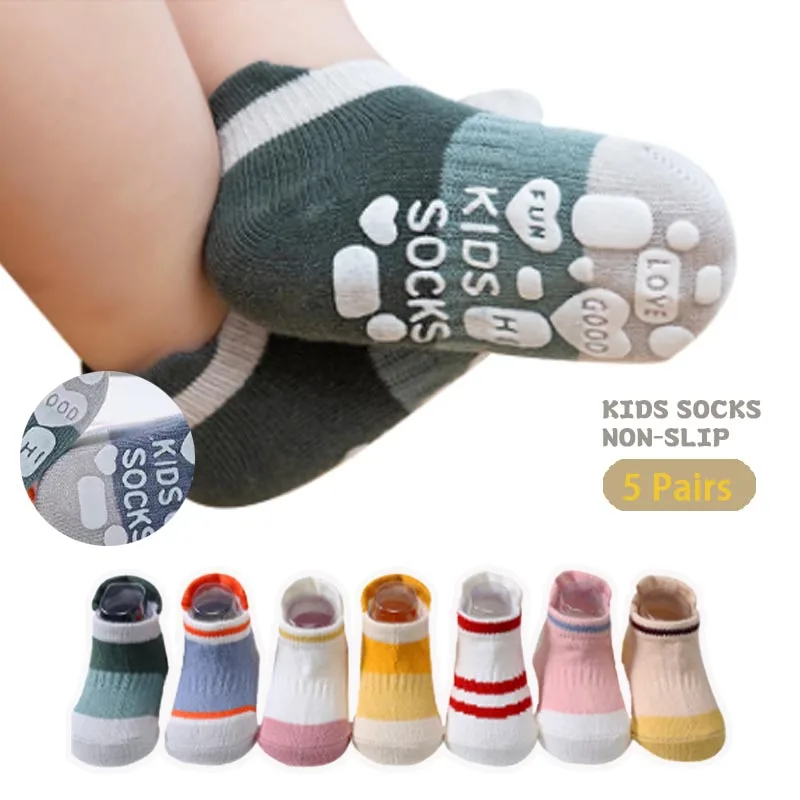 5 Paar Kinder-Freizeitsocken, Niedliche Rutschfeste Atmungsaktive Mädchen- und Jungensocken, Rutschfeste Bootsocken mit Klebepunkten, Baby-Low-Top-Bodensocken