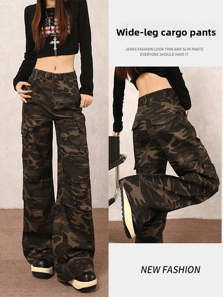 

Casual Camouflage Workwear Jeans Women's High Street Hip Hop Straight Loose Floor-Length Draping Long Trousers