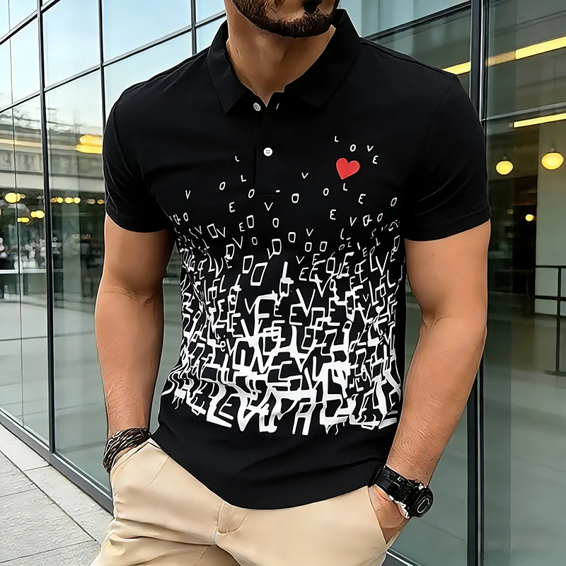 

New Men's Short-Sleeve Printed T-Shirt with Two-Button Closure