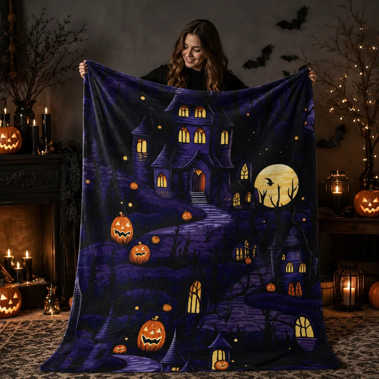 Haunted House Halloween Blanket, Vintage Gothic Horror Bedding |   Fall Home Decor |