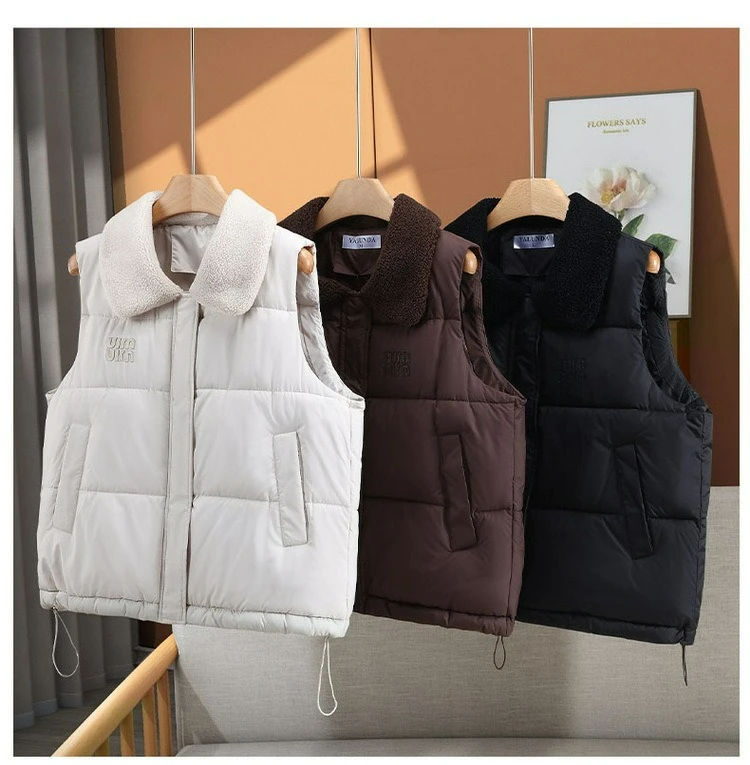 Women Parkas Vest Sleeveless Oversize Coats Solid Wool Turn Down Collar Drawstring Hem Zipper Thick Loose Casual 2025 Winter
