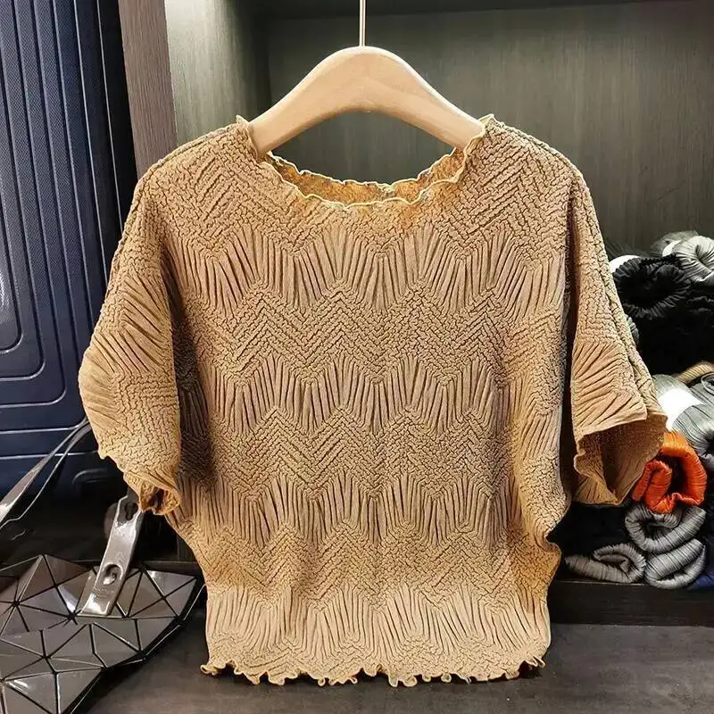 

High-End Niche Design Embroidered Round Neck T-Shirt For Women Summer New Ruffled Loose Elastic Pleated Top Chic 28L1Q