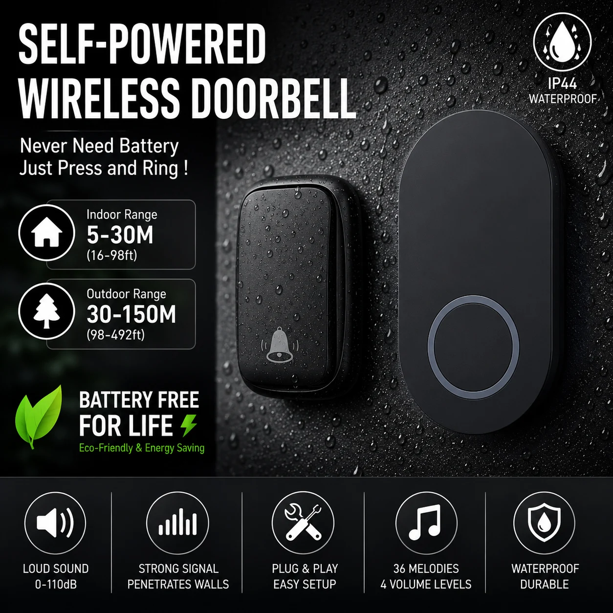 Hococa Kinetic Outdoor Doorbell Wireless Waterproof High Volume with 4 Level Adjustable Long-Distance Calling No-Battery Require