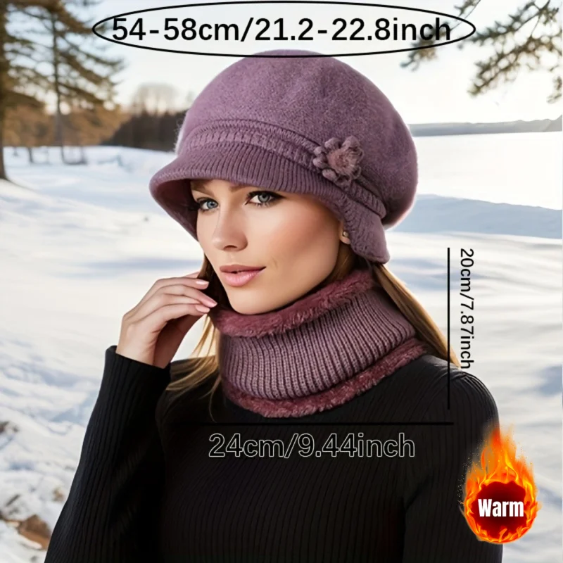 2pcs Winter Hat & Scarf Set for Elderly Women & Moms - Windproof Warm Earmuffs Beanie Caps and neck warmer