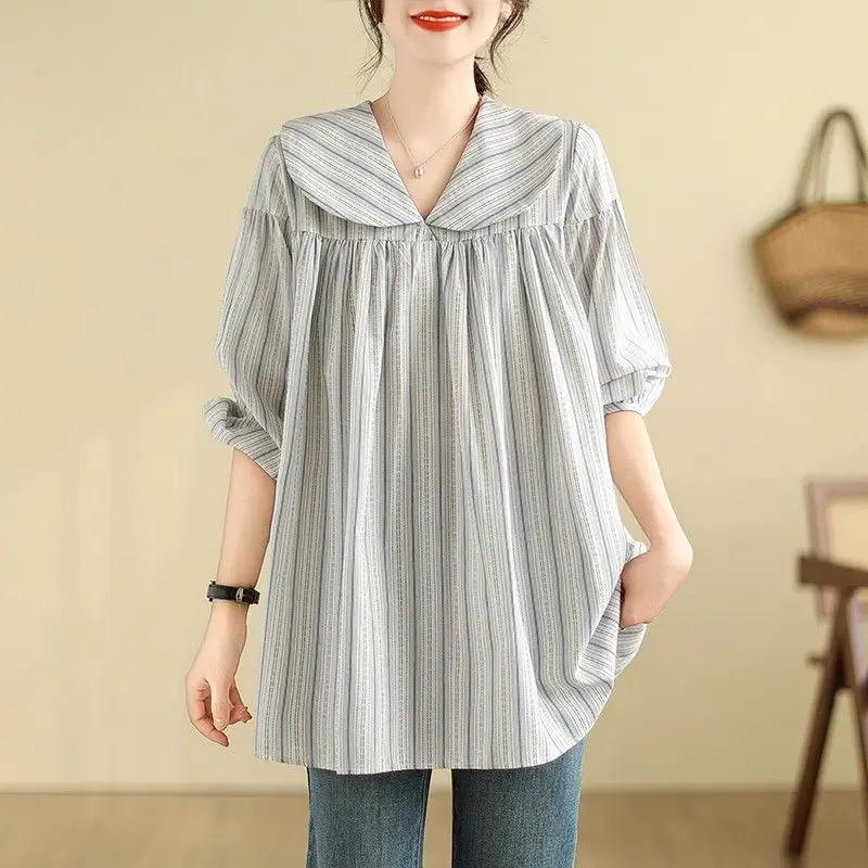 Large Size Doll Neck Stripe Loose 3/4 Sleeve Medium Length Shirt for Women\'s Early Spring Summer New Casual Slimming Trendy Top