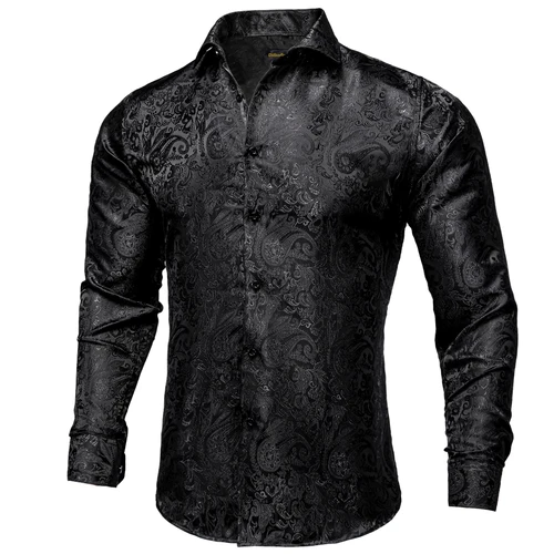 Imagen 2 del producto Camisas de vestir de seda de Cachemira negra de manga larga para hombre, camisa Social de esmoquin informal, ropa de diseñador de lujo para hombre