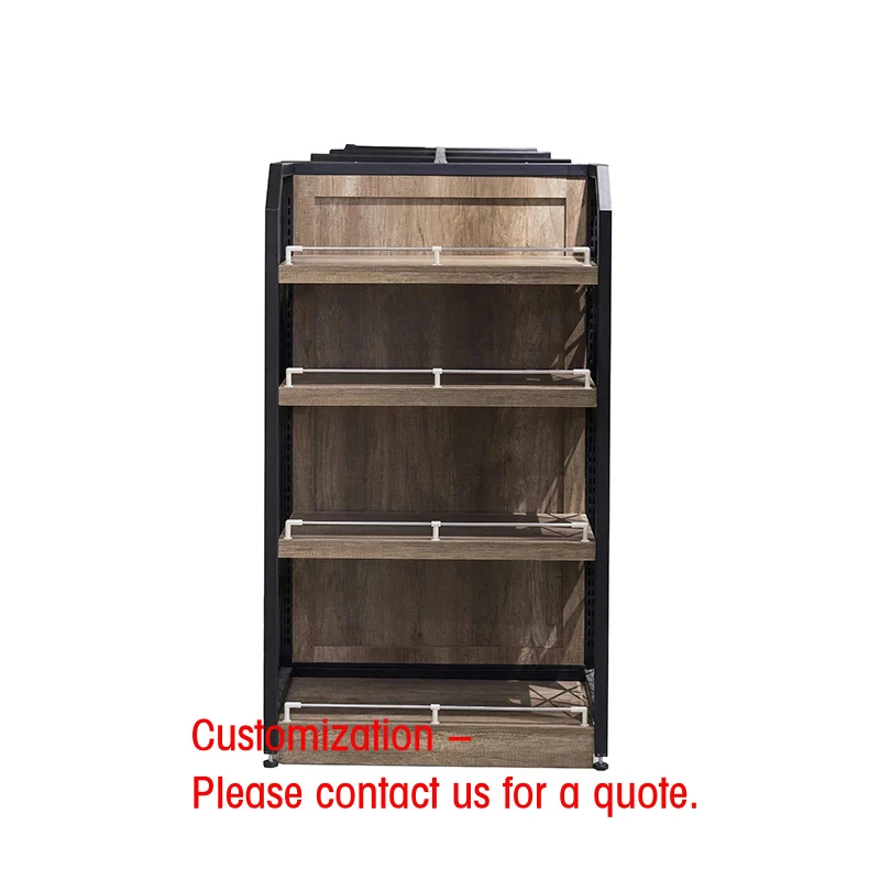

custom.Wooden Supermarket Shelf Steel Wood Grain Combined Display Shelves Retail Shelf Grocery Rack Double Side