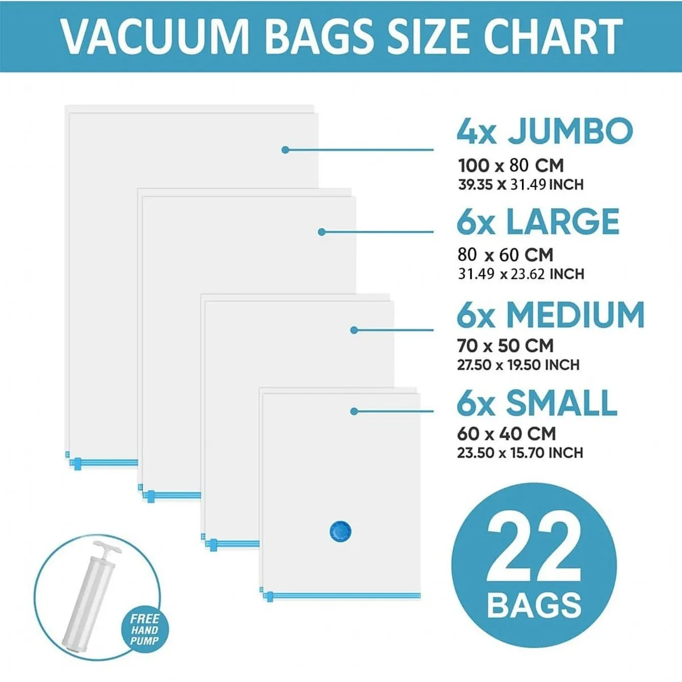 22 Pack Vacuum Storage Bags, Space Saver Bags for Comforters Blankets Clothes Home Travel Packing Organizer Hand Pump Included