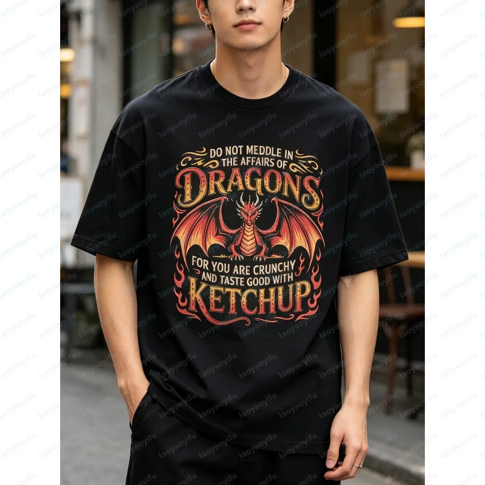 Vintage Red Dragon Graphic Print Men T Shirt, Funny Do Not Meddle In Dragons Letter Design Soft Fashion Short Sleeve Casual Tee