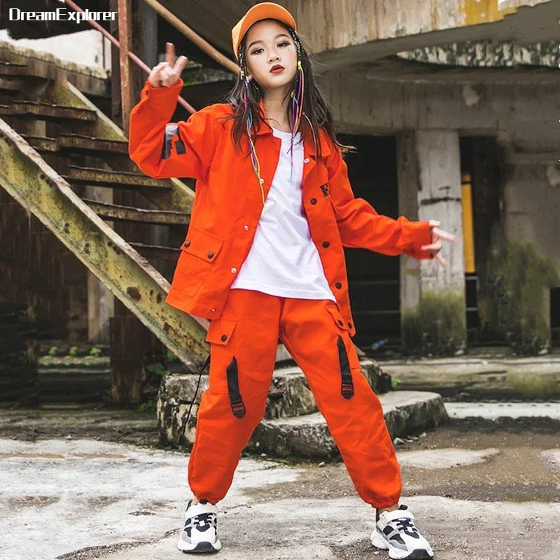 

Уличная танцевальная куртка для мальчиков, оранжевые брюки-карго, рубашка в стиле хип-хоп для девочек, комплекты одежды, Детские джоггеры, Детская уличная одежда, джазовое пальто, костюмы