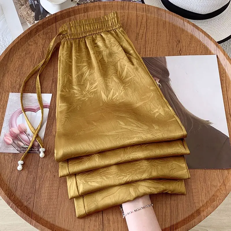 

Шелковые широкие брюки для женщин: струящиеся, тонкие, повседневные, прямые, прохладные, весенне-летние, новый стиль, для офиса, с высокой талией, длинные