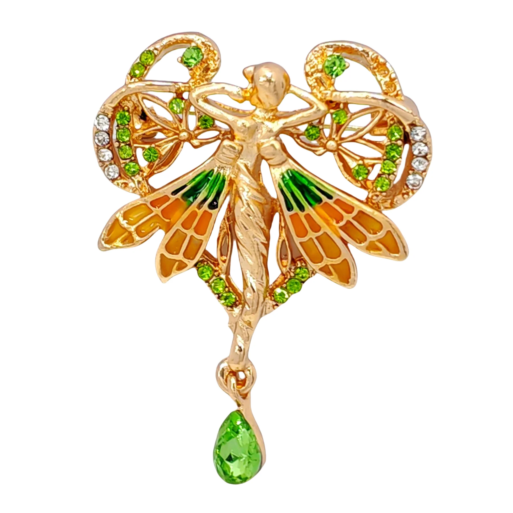 

Art Nouveau Style Love Heart Enamel Fairy Brooches with Green Drop Fantastic Girly Princess Gala Themed Party Costume Jewelry