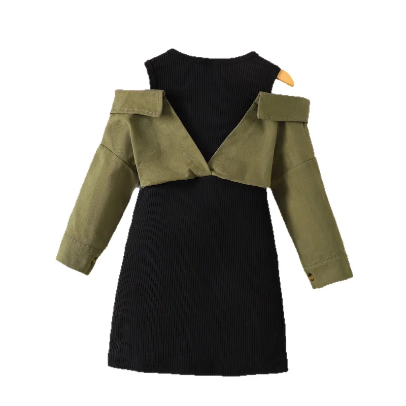 

Autumn New Girls' Outfit Trendy Style Toddler Fake Two-Piece Off-Shoulder Patchwork Dress In Stock