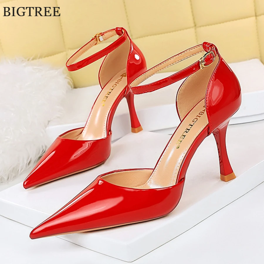 

2024 New Sexy Women Sandals Patent Leather Pointy Toe Red Wedding Shoes Office High Heels Buckle Summer Female Pumps Black Party