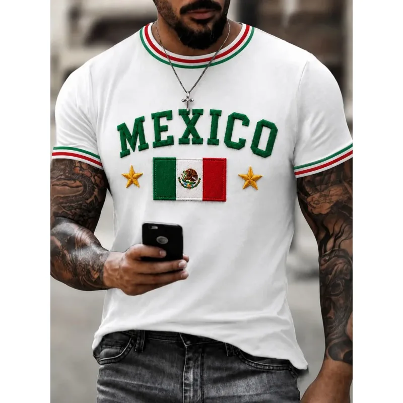 Mexico 3D Print T-Shirt, Short Sleeve Crew Neck Vintage Casual Top With Red-Green Striped Trim, Designed For Football Fans